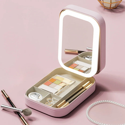 LED Mirror Makeup Storage Box Portable Travel Makeup Case Cosmetic Bag Large-Capacity Makeup Storage Box 